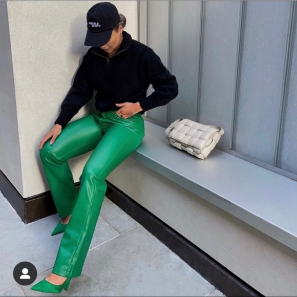 ZARA COLOURED FAUX LEATHER TROUSERS GREEN SIZE-XL - Picture 10 of 16